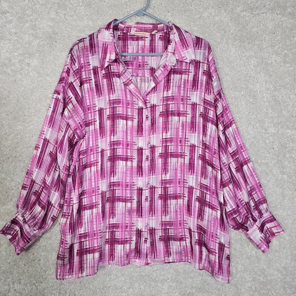 Soft Surroundings Shirt Womens XL Pink‎ White Button Up Long Sleeve Artsy Sheer - Picture 1 of 14
